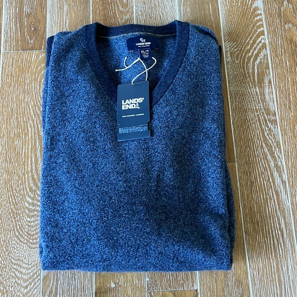 NWT Men’s 100% Cashmere Navy V Neck Sweater Land’s End Sz XL/T